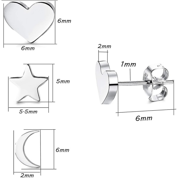 3 par 925 sterlingsølv ørepynt Tiny Moon Star Heart øredobber Vanlige sølv øredobber sett for kvinner