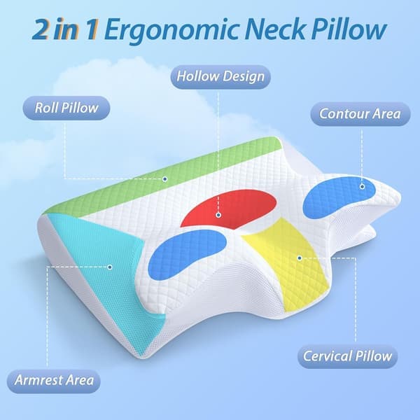 Ergonomisk nackkudde, 2-i-1 ortopedisk nackkudde i memoryskum, 60 x 40 x 11/13 cm