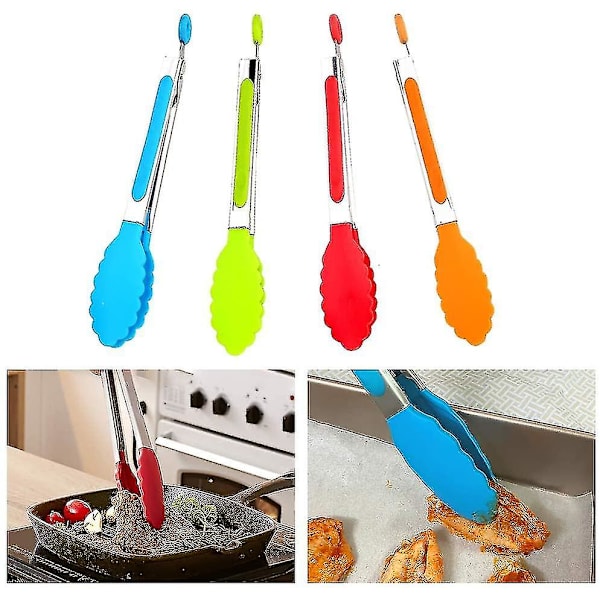 4 stk 8 tommers silikons rustfritt stål tang, kjøkkentang, matlagingstang serveringstang (rød/blå/oransje/grønn), 2 stk grillbørster