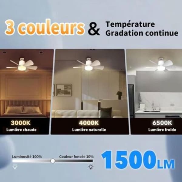 Loftventilator med 30W dæmpbart LED-lys (E27 fatning), 3 hastigheder, 6 sorte blade, til soveværelse og stue, Klasse A