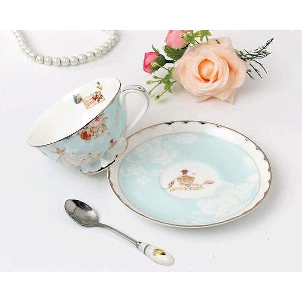 Kinesiske tekopper og underkopper, pastelblå blomstret design kaffekrus tekoppesæt