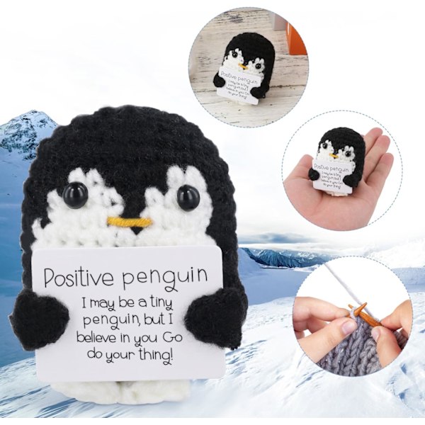 Rolig positiv pingvin, 2,6 tum emotionellt stöd pingvinleksak med positivt kort pingvin gåvor virkad handgjord docka för vänner uppmuntran dekoration Black