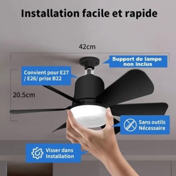Loftventilator med 30W dæmpbart LED-lys (E27 fatning), 3 hastigheder, 6 sorte blade, til soveværelse og stue, Klasse A