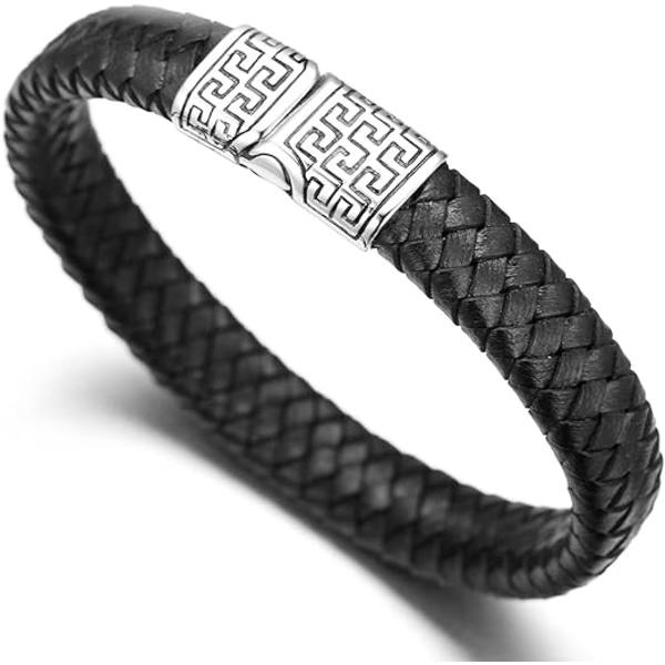 Herrearmbånd i læder, sort flettet, titanium magnetisk lås 8,46\" (21,5 cm)