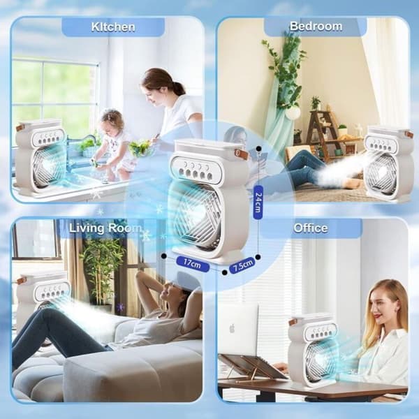 Stille 3-i-1 mobil aircondition: luftkøler, luftfugter og forstøverventilator, med timer og natlys
