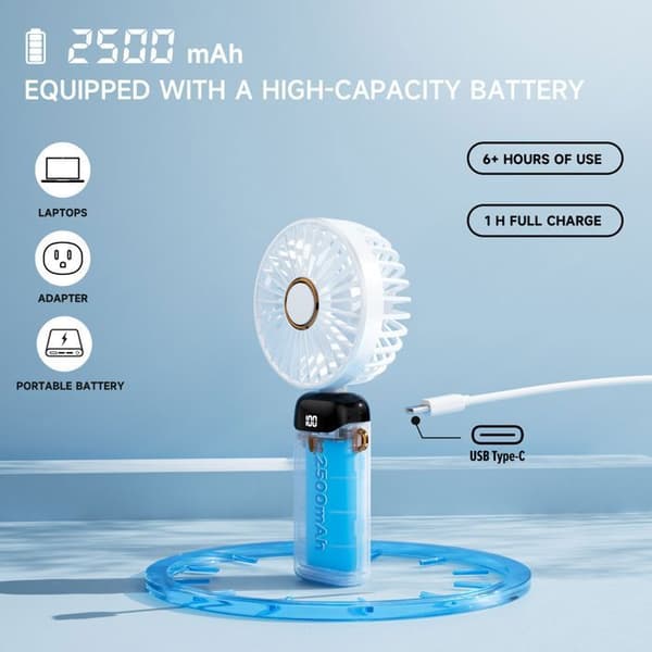 5-i-1 Bærbar Ventilator - Hvid - 2500 mAh - 5 Hastigheder - Sammenfoldelig - Stille
