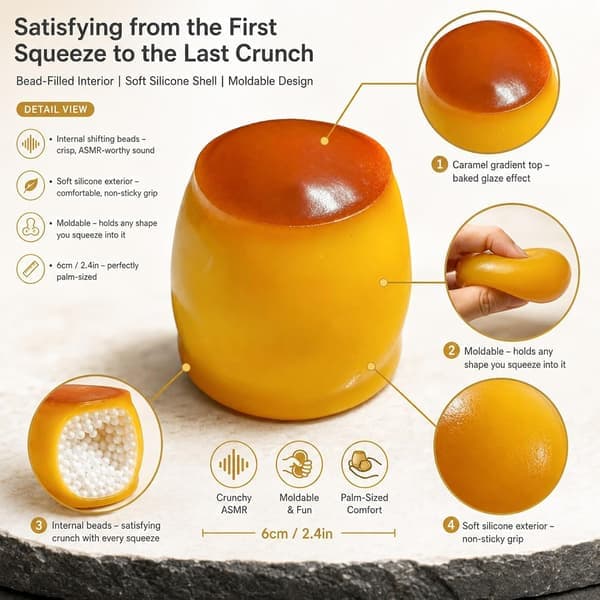 Knasig Karamellpudding Squishy Stressboll, Pärlfylld Icke-Fjädrande Formbar Mat Fidget Leksak, ASMR, 1 Styck