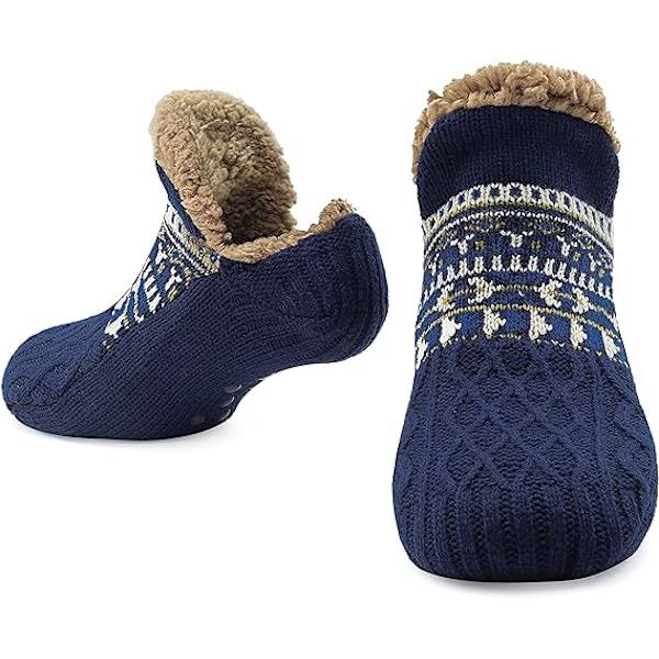 Tøffel Myke Sokker for Kvinner Menn Varmeholdende Sokker Strikket Sokker Ull Sherpa Fuzzy Seng Tøfler En Størrelse Sklisikker(Marineblå)