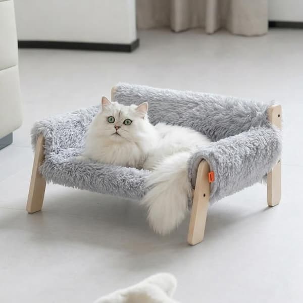 Træ Indendørs Katte Sofa/Seng – Moderne Design med Ultrablød, Vaskbar Plys Overflade – Grå