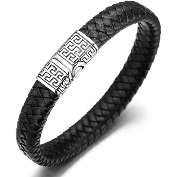 Herrearmbånd i læder, sort flettet, titanium magnetisk lås 8,46\" (21,5 cm)