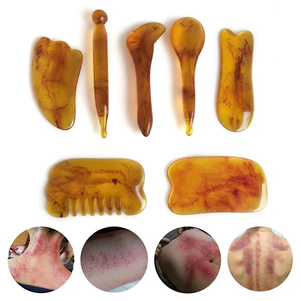 7 stk. Naturlig Resin Amber Massasje Skraping for Ansikt Nakke Gua Sha Skrape Terapi