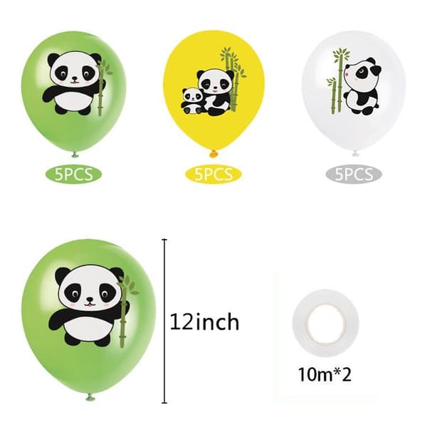 Panda bursdagsdekorasjonssett for gutter, inkluderer ballonger og bannere, grønn