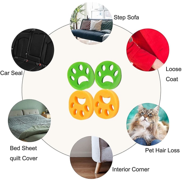 4 kpl lemmikkieläinten karvojen poistoaine pesukone karvanpuhdistustyökalu uudelleen käytettäväksi vaatteille, vuodevaatteille, koiran kissan karvoille Round 2 Pcs Green x 2 Pcs Yellow