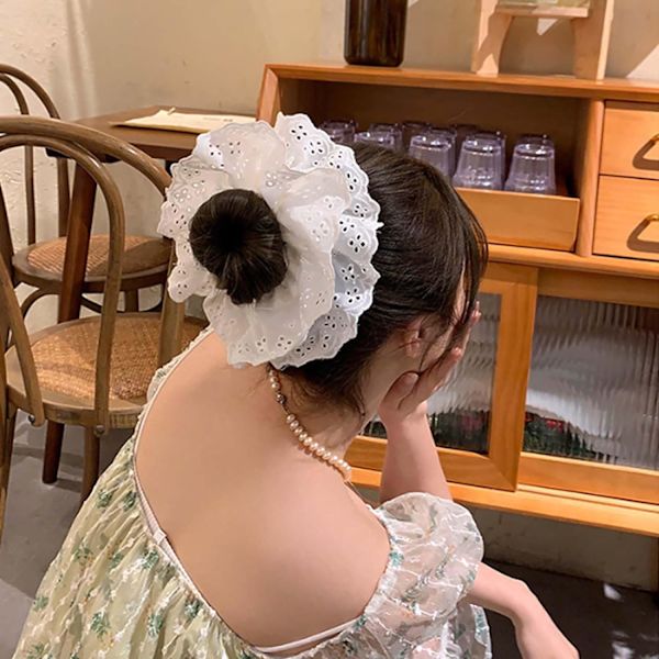 Hvide blonde scrunchies til kvinder - store hårbånd bløde bånd - hestehaleholdere til tykt hår - lolita tilbehør til piger