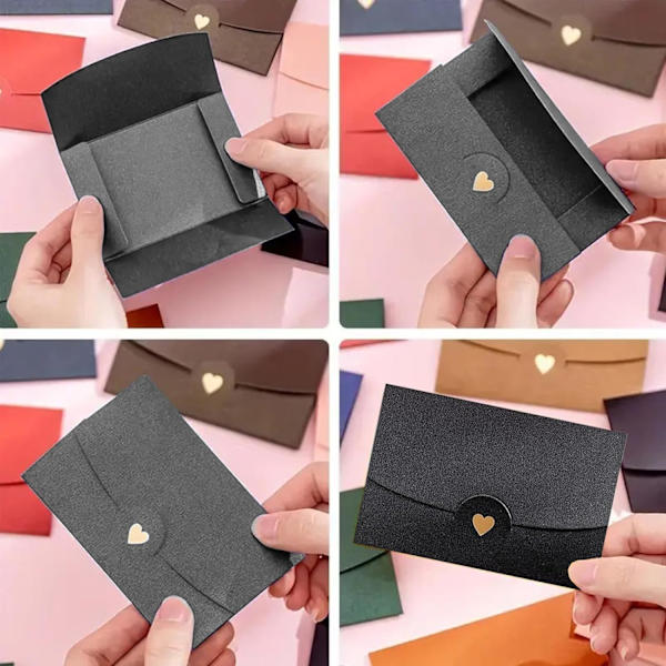 50 st mini presentkort kuvert med hjärtformade spännen, perfekt för bröllopsinbjudningar och inbjudningskort, svarta kuvert tillverkade av presentkort i papper