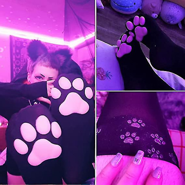 Katt tass lårhöga strumpor handskar, flickor kvinnor mjuka 3d kattunge strumpor Black