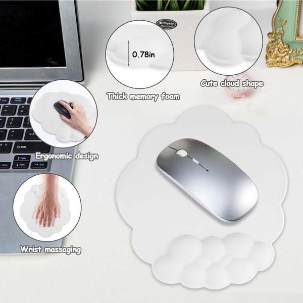 Musmoln handledsstöd, ergonomiskt musmatta med minnesskum, söt musmatta handledsstöd för dator, bärbar dator, Mac, spel, hemmakontor (vit)