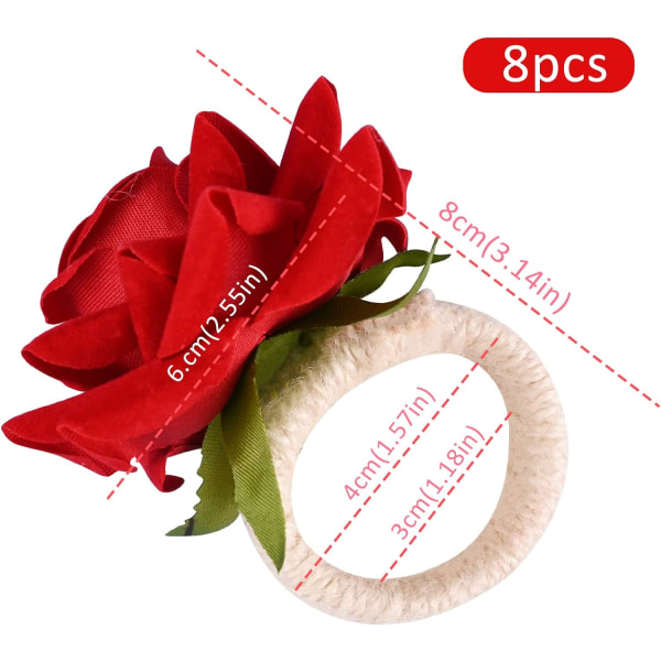 8 stk. Servietring Sæt Blomster Serviet Holder Ringe Kunstige Rose Serviet Ringe Burlap Snor Serviet Spænde Håndlavet Faux Rød Rose Serviet Loop