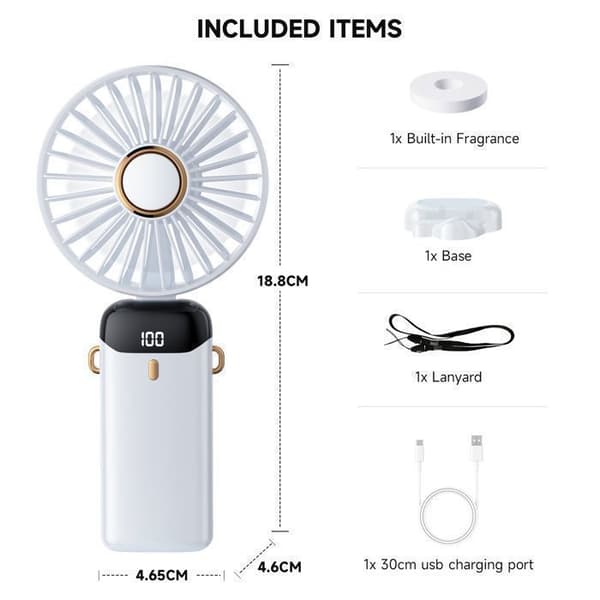 5-i-1 Bærbar Ventilator - Hvid - 2500 mAh - 5 Hastigheder - Sammenfoldelig - Stille