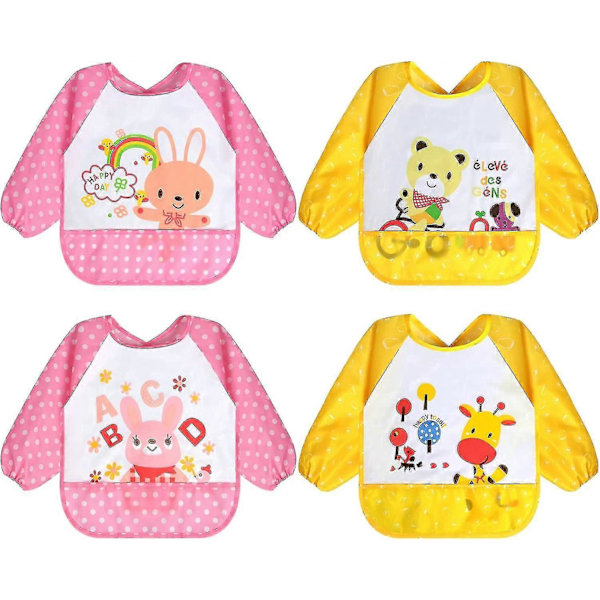 5-pack Långärmade Bebis-Släpkläder, Vattentäta Ärmar, Småbarns-Släpkläder för 6-36 Månader 4pcs-pink Yellow Tie Closure-6-36 months