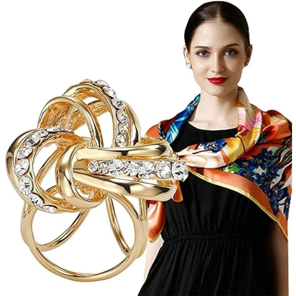 Elegant modern enkel design trippelring för kvinnor Diamante Metallic sidenscarves Clip Scarf Ring Chiffong Spänne (guld)
