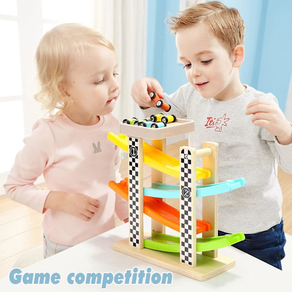 Treleker med bilbane for gutter 1-2 år, Første bursdagsgave til ett- og toåringer, Baby leker 12-18 måneder med 4 små biler