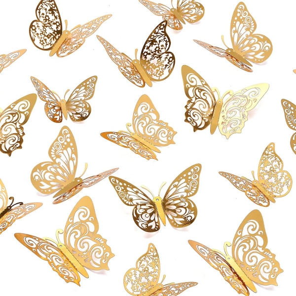 72 stk 3d guld sommerfugl vægdekoration 3 størrelser sommerfugle dekorationer Sommerfuglefest C