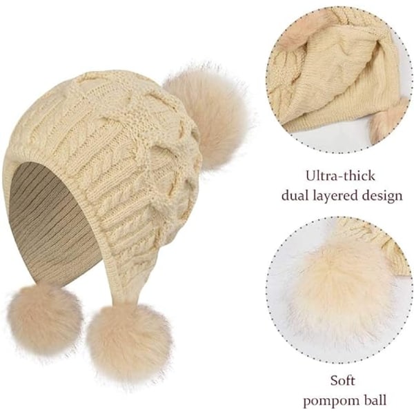 Kvinder strikket hue vinter varm hue hue med Pom Pom Bobble hat stil med vindtætte øreklapper (beige)