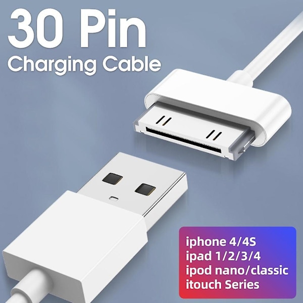 Fonken 30-pin USB-kabel for i-Phone 4S 4 3GS i-Pad 1 2 3 i-Pod Ladekabel Hurtiglading Data Sync Adapterledning white 1M