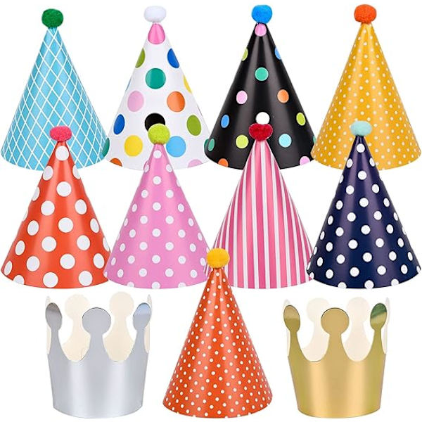 11 st partyhattar, födelsedagskottpartyhattar med pom poms, papperspartyhattar för barn, tårtfödelsedagsfestkotthattsar för flickor pojkar vuxna