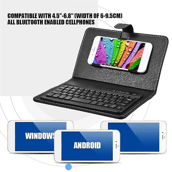 Bluetooth Mini Trådlöst Tangentbord med PU Läderfodral för Smartphone Tablet 4.5 Tum - 6.8 Tum Rec