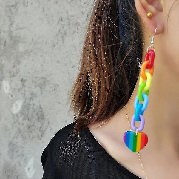 Harajuku Hjerteformet Lang Regnbue Kjede Øredobber Personlige Harpiks Akryl Regnbue Kjede Øredobber