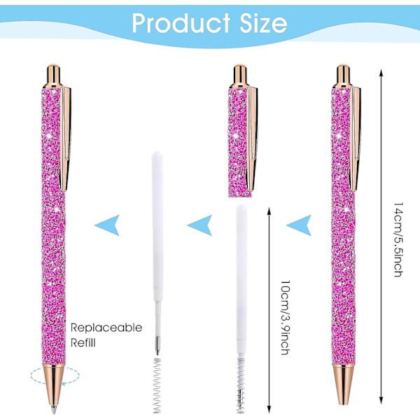 6 stk. Bling Glitrende Metallpenner, Retraktable Kulspisser Søte Glitter 1.0mm Svart Blekk Fin Spiss Gave Skriving Journaling Studenter Lærere Tegninger G