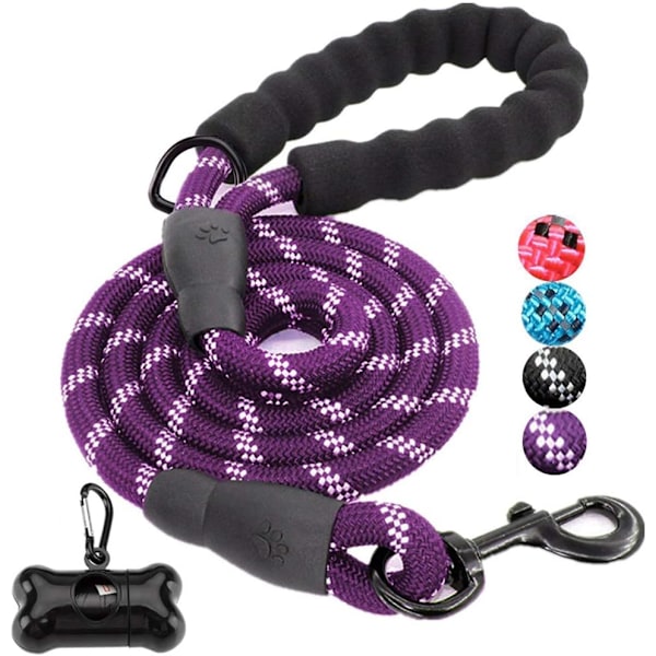 5 FT Strong Dog Lead with Comfortable Padded Handle and Highly Reflective Threads for Small, Medium and Large Dogs (5-FT, Purple)