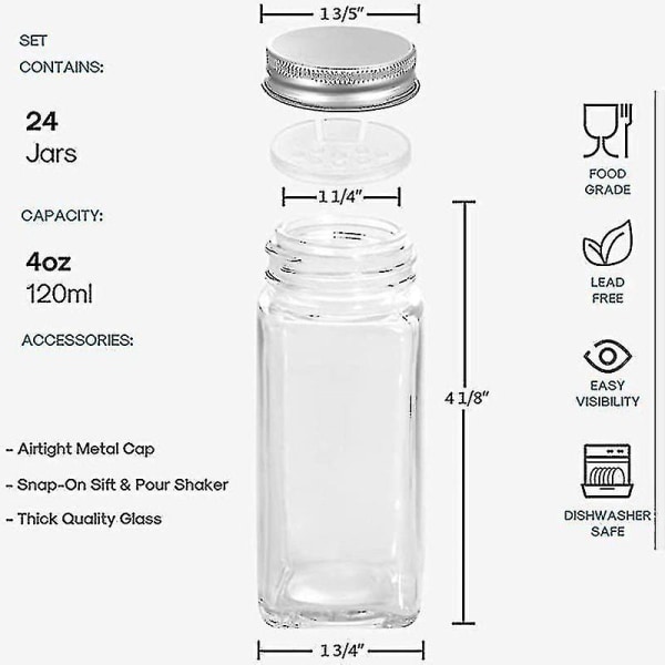 12 glaskrydderiglas/-flasker - med 20 krydderietiketter-shakerhætter og forseglede metalhætter - inkluderer sammenklappelig silikonetragt -jx