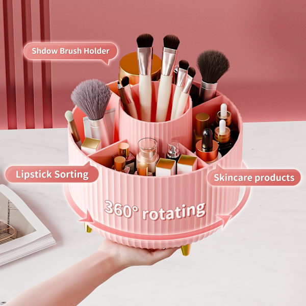 360° roterende penneholder, skrivebordsarrangører med 5 rum blyantsarrangør, kunstforsyningsopbevaringsboks Caddy til hjemmekontorartikler Desktop oprydning Pink