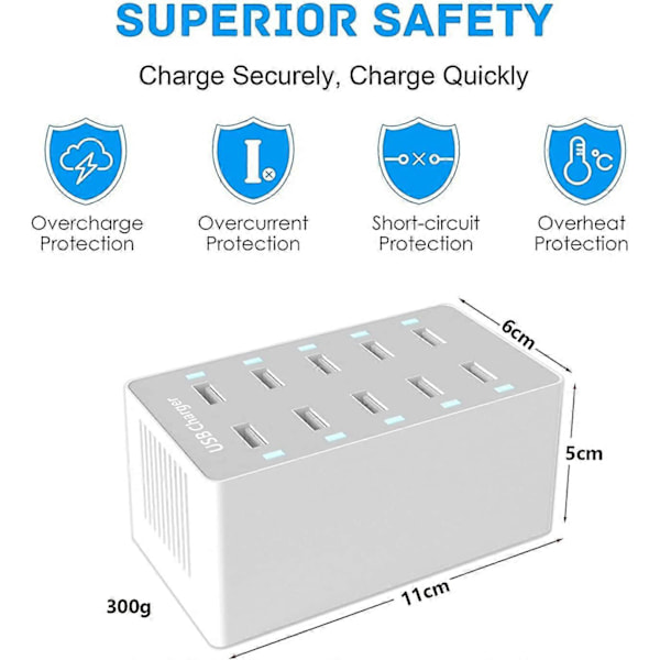 USB Ladestation, 50W 10-Port USB Oplader Hub, Multi-Port USB Oplader med Smart Detect, Kompatibel med iPhone, Galaxy, iPad Tablet og Andre USB