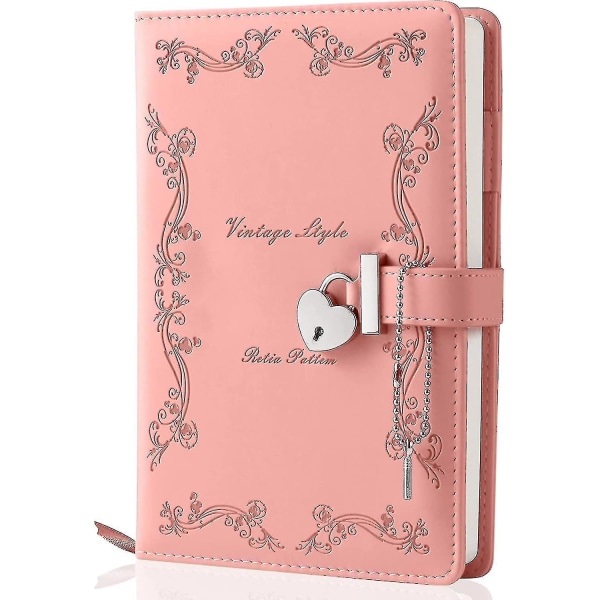 Dagbok med lås och nyckel för tjejer Tjocka 360 sidor läder hjärtformad låstidning Söt låst hemlig dagbok Anteckningsbok för kvinnor Vuxna A5 (rosa
