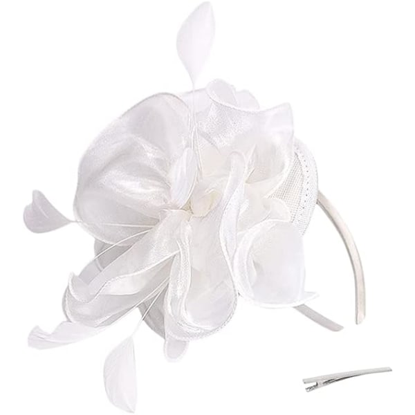 Fjäderfascinatorer för kvinnor och flickor Blomma Organza Derbyhatt Ascot Hattar Elegant Cocktail Tea Party Hatt Huvudbonad med klämma & hårband(Vit)