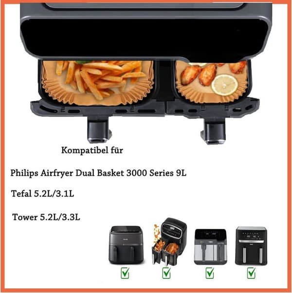 Bagepapir til Airfryer til Philips Airfryer Serie 3000, Bagepapir til Philips Dual Basket Airfryer 9 Liter (60 stk.+60 stk.)