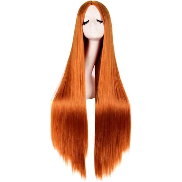 32 tum 80 cm lång rosa cosplay peruk för kvinnor rak syntetiskt hår full peruk mittdel för fest - orange