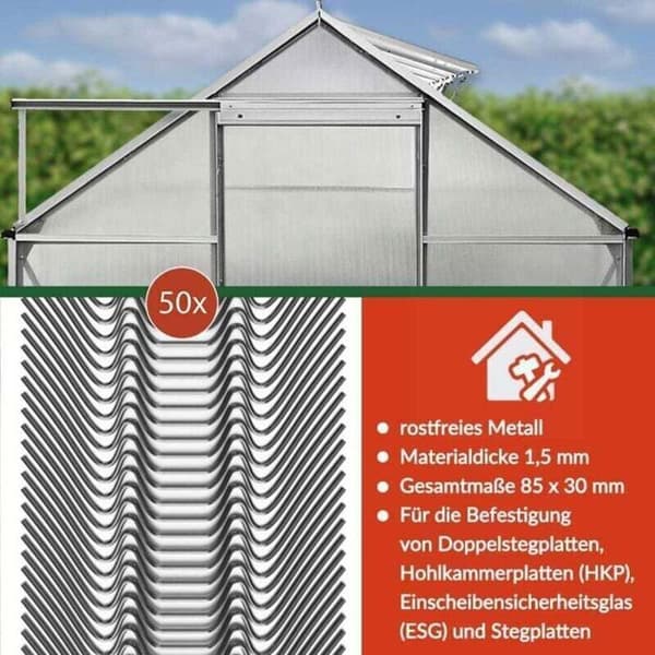 Drivhus fastgørelsesclips - LUSKYKA® - Rustfrit stål - Sæt med 50 stk. - Fastgørelse af polycarbonatplader