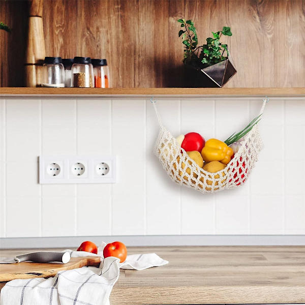 2 st Macrame Frukthängmatta För Kök Under Skåp Hängande Fruktkorgar Handvävda Dekorativa Fruktnätpåse