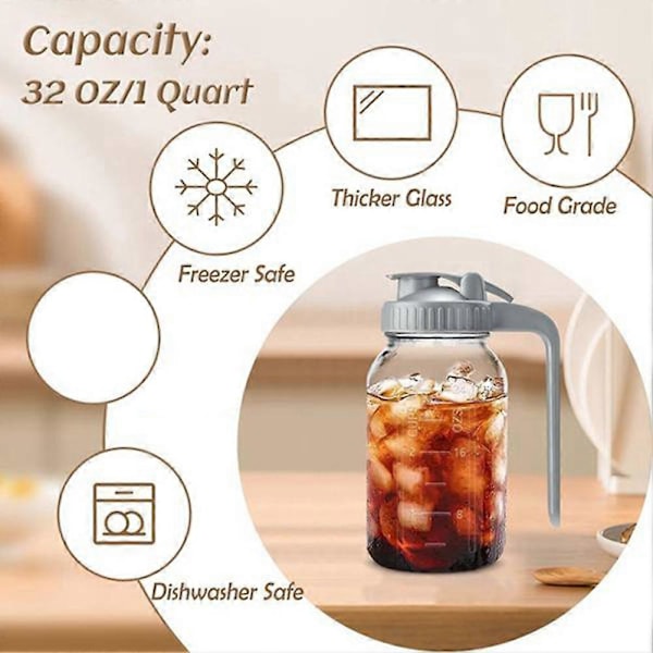 2-pakning 32oz Glasskanne med Lokk - Kremmerbeholder for Solte, Juice, Kald Bryggekaffe, Oppbevaringsbeholder for Morsmelk