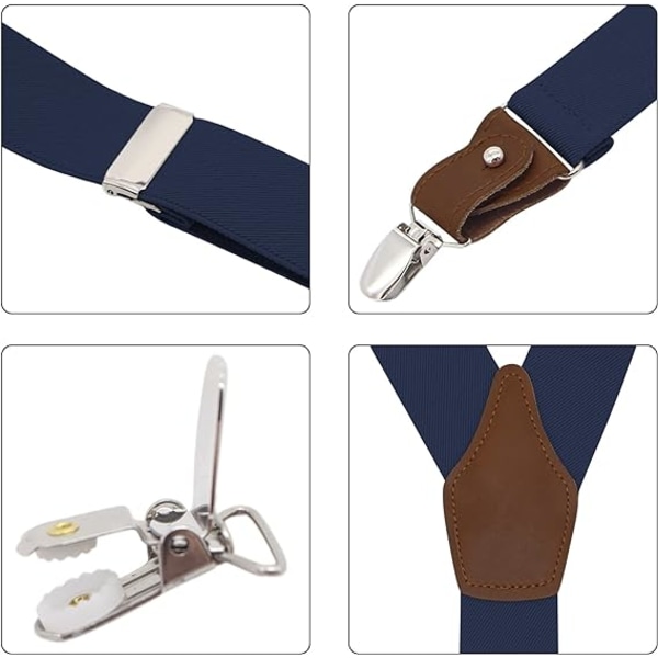 Herre seler med clips og knapper, slidstærke seler til herrebukser med knaplukning, vintage seler til mænd, elastiske, justerbare Y-formede seler (marineblå)