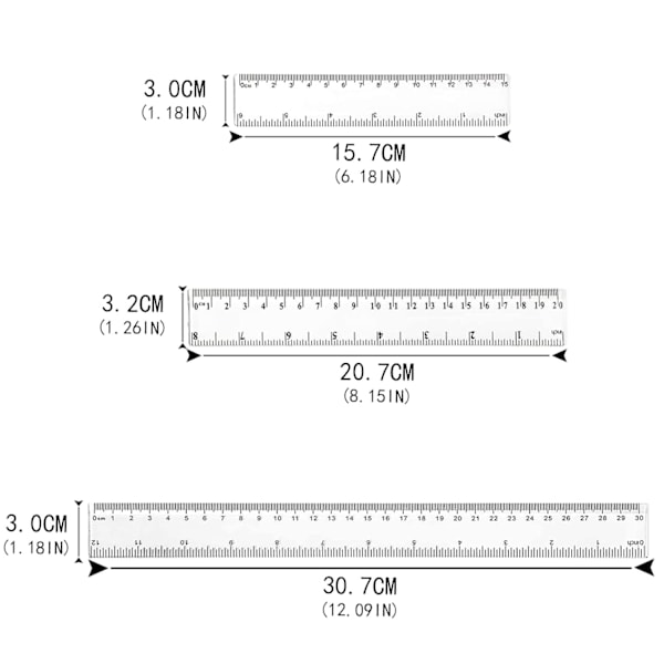 Sæt med plastiklinealer, gennemsigtig lineal, lige lineal, brudsikker lineal, brudsikker lineal 6 8 12 tommer (15 20 30 cm) målelineal værktøjslineal