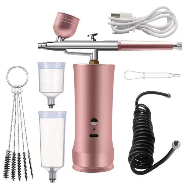 Multifunksjonelt Airbrush-sett med Kompressor – Trådløst Airbrush-sett med Luftkompressor, Oppladbart (Rosa)