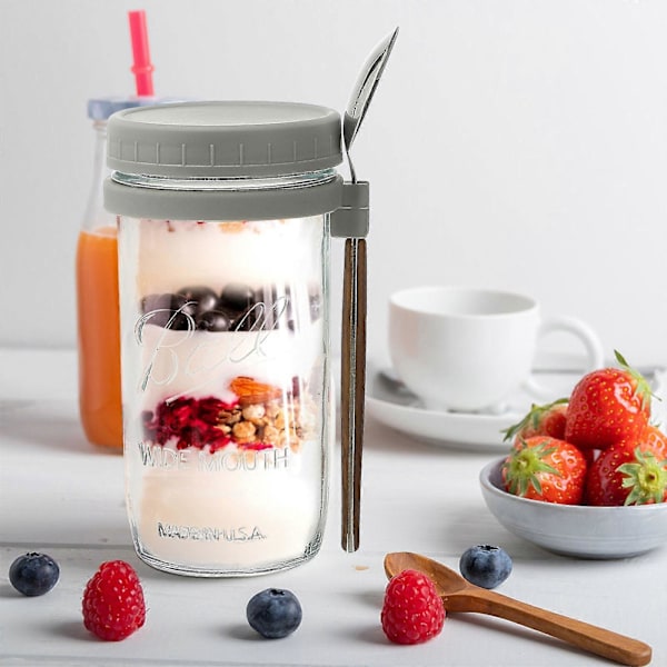 Glasbehållare för Havregryn med Sked - 350ml Flerfärgad 30 cl Mason Jar med Bred Öppning för Overnight Oats, Flingor, Yoghurt - Lufttät Förslutning och Läcksäkert Lock Blue 350ML