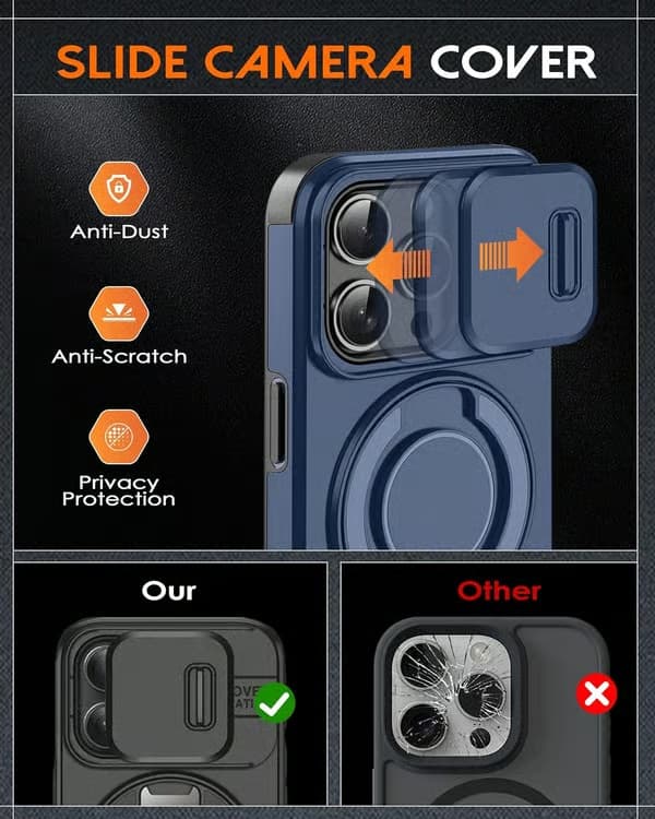 Militær-grade magnetisk cover til iPhone iP 17 Pro Max 2.0 - Stødsikkert med kamerabeskyttelse og 360° støttefod (Orange) iP 17 Pro Max