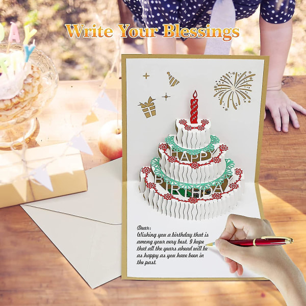 Syntymäpäiväkortti musiikilla ja valolla, 3D Pop Up -onnittelukortti kirjekuorella, kulta